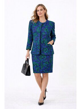 vintage 90s Y2K 2 piece skirt suit business 8 green purple geometric silky retro